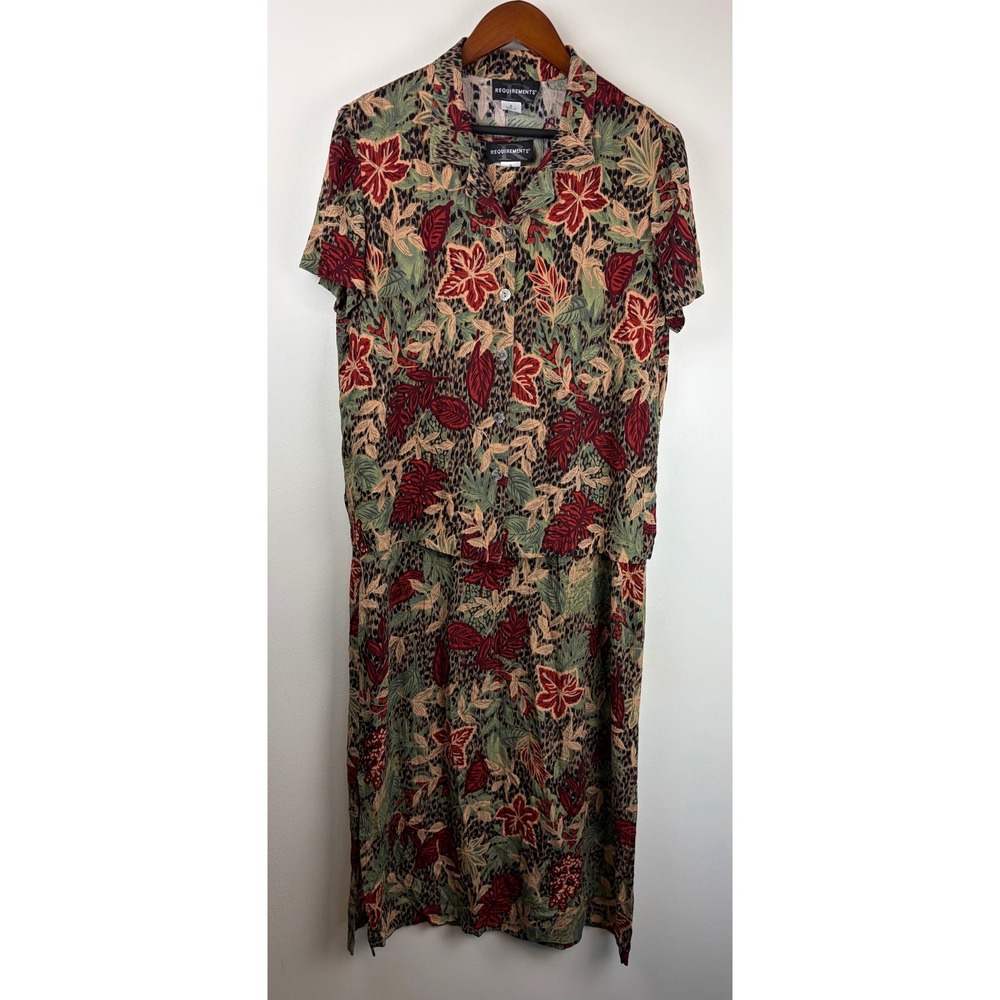 Vintage 90s Requirements 2 Pc Dress Set S Fall Floral Leopard Print Leaf Modest